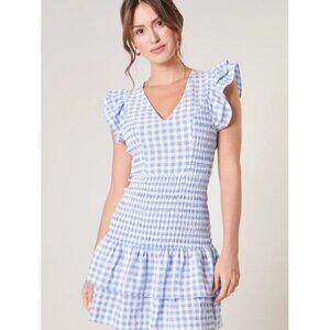 Sugar Lips Everleigh Gingham Blue And White Plaid Smoked Mini Dress - Medium